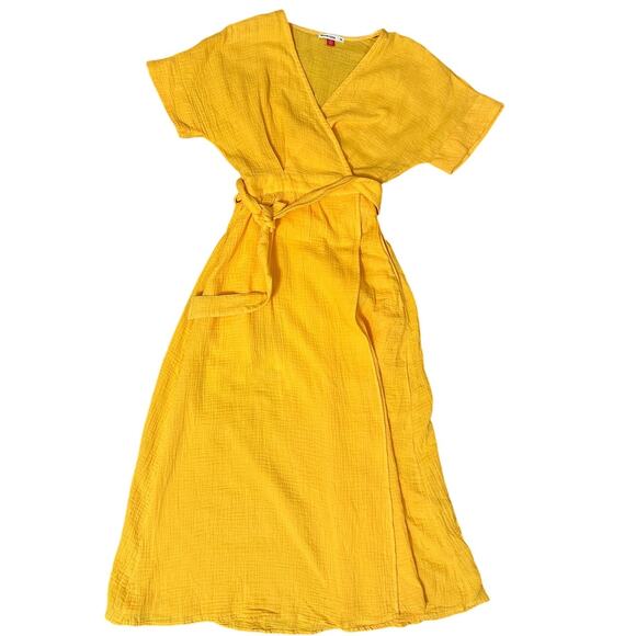 Marine Layer Midi Wrap Dress Valencia Cotton Short Sleeve Golden Yellow size XS - Picture 7 of 8